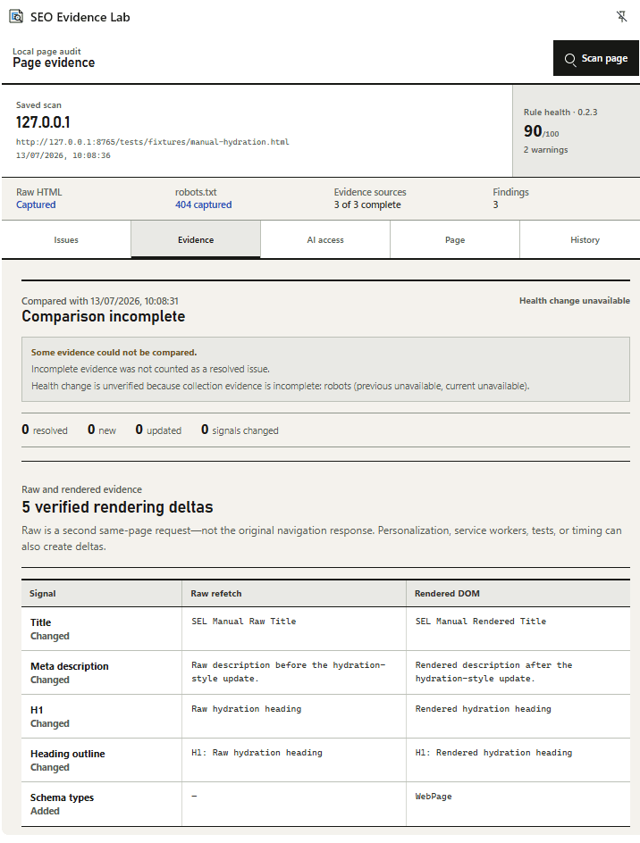 SEO Evidence Lab browser extension showing crawl evidence