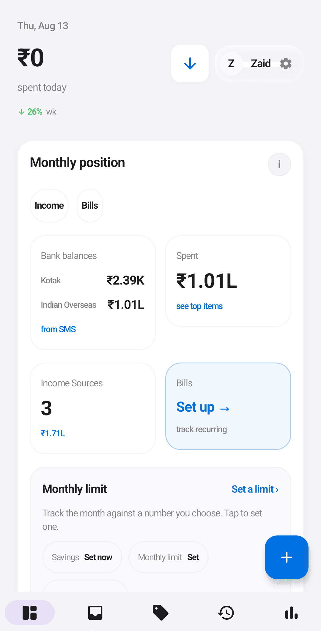 Ledgerly home dashboard showing private, on-device money tracking